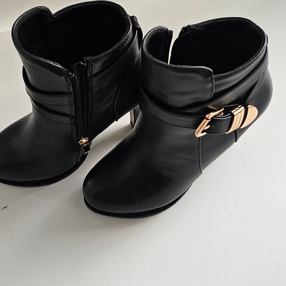 Black High-Heel Ankle Booties with Gold Buckle Accent - Picture 2 of 4